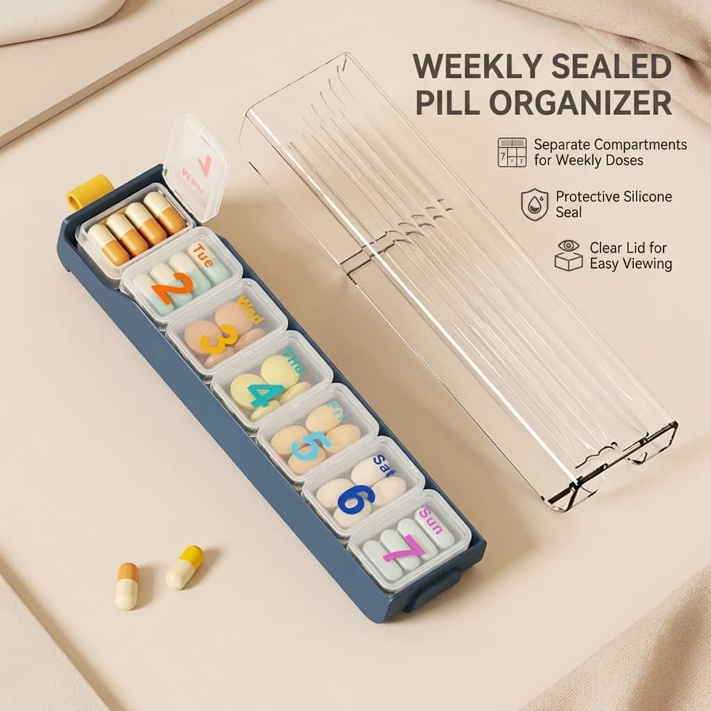 7 Day Pill Box Case Candy Color Weekly Pill Organizer BPA Free Travel Large Compartment For Vitamins Supplements and Medication