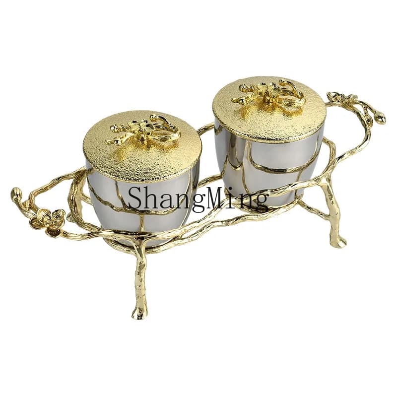 Set combinato di contenitori per condimenti in acciaio inox DSA, stile lusso leggero con coperchio decorato con ornamento a fiore di prugna dorato.