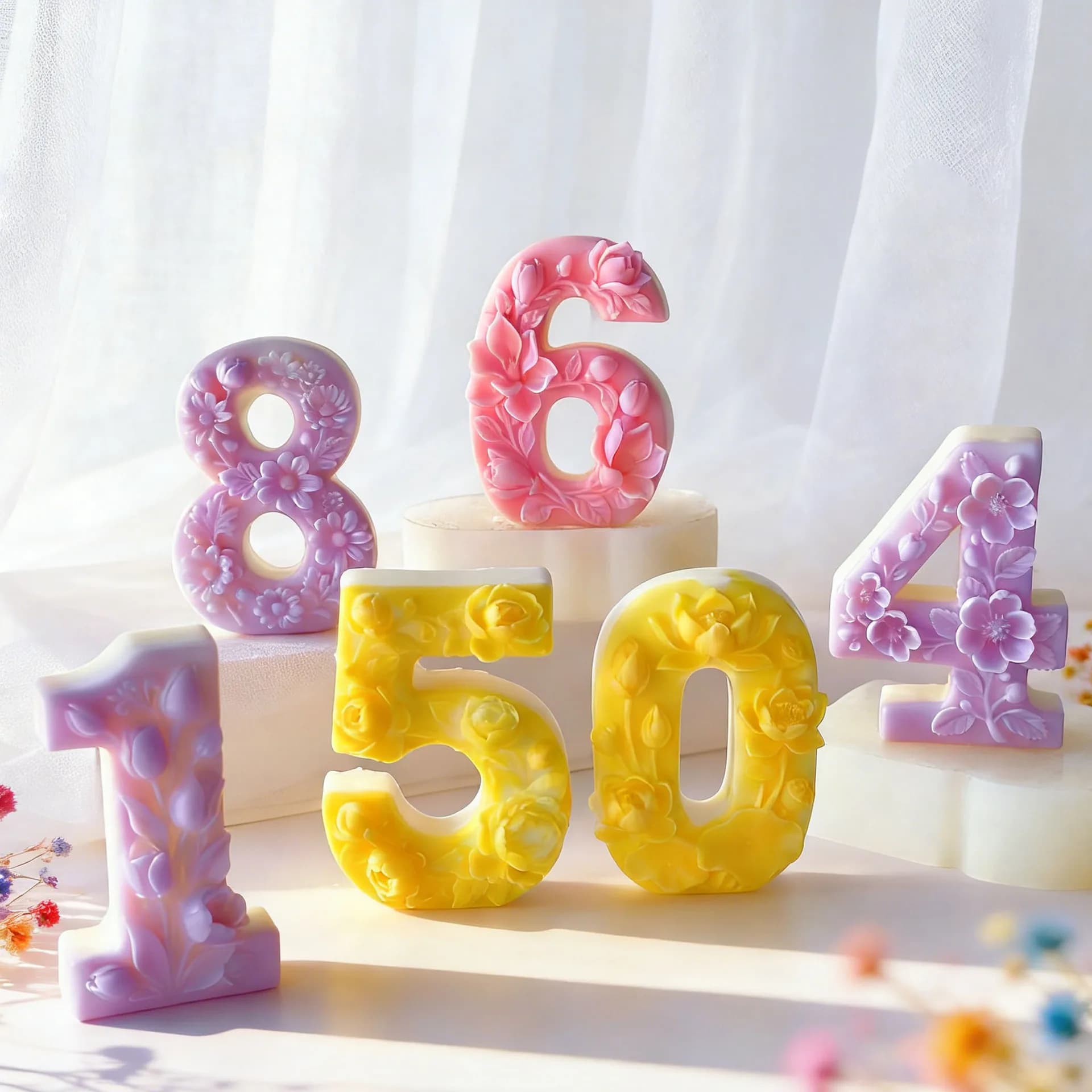 Stampo 3D a Forma di Fiore e Numero, Stampo in Silicone per Numeri, Stampo Flessibile per Decorazione Torte di Compleanno, per Candele Profumate e Lavori Artigianali