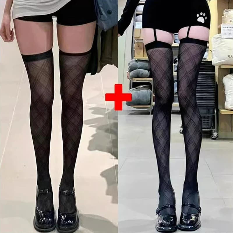 Reggicalze da donna con motivo a rombi Collant a fascia larga Lolita Calze alte alla coscia con reggicalze Y2K JK College Calzini sopra il ginocchio