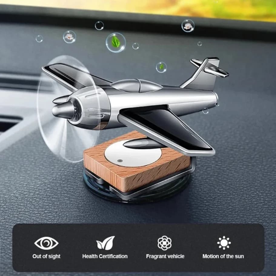 Diffusore di Oli Essenziali Solare per Auto a Forma di Aeroplano, Base in Legno, Ornamenti Aromaterapici per Interni Veicoli - Senza Profumo Incluso