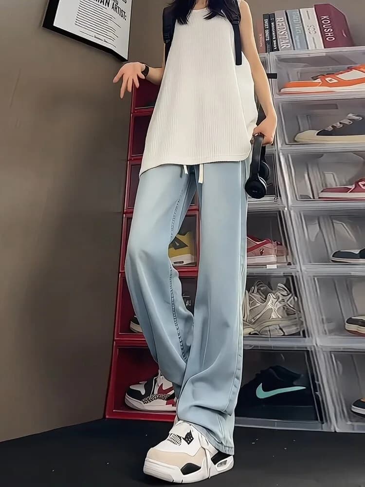 Light Blue Silk Denim Jeans Women's Summer Thin Straight Loose Wide Leg Pants Trendy American Retro Ice Silk Trousers