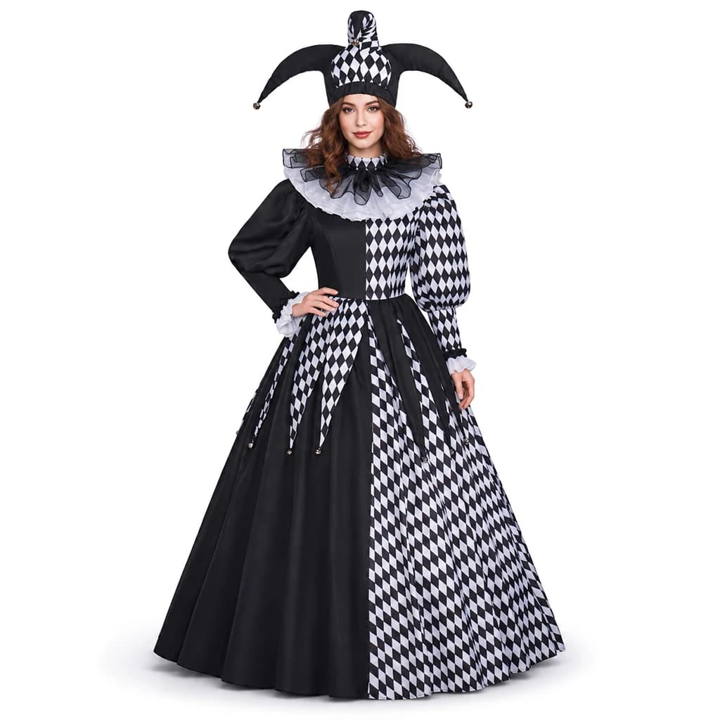 Women Black White Jester Costume Gothic Chess Queen Dress Halloween Evil Clown Cosplay Masquerade Medieval Circus Ball Gown