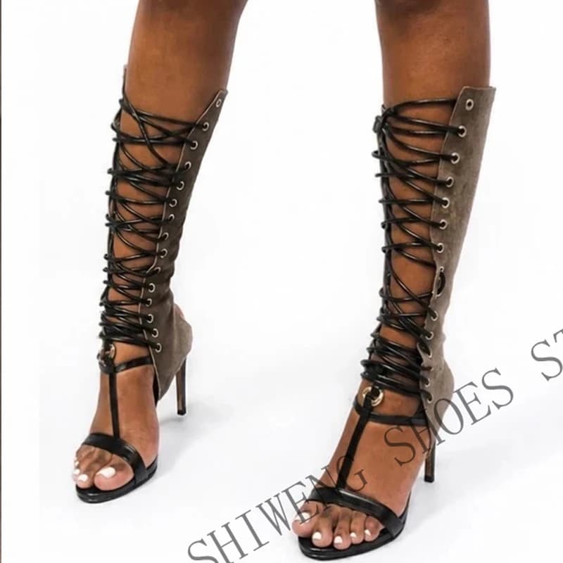 2026 Summer Women Gladiator Sandals Stiletto High Heel Summer Boots Lace Up Cross-tied Sexy Sandals Over Knee Party Shoes 44