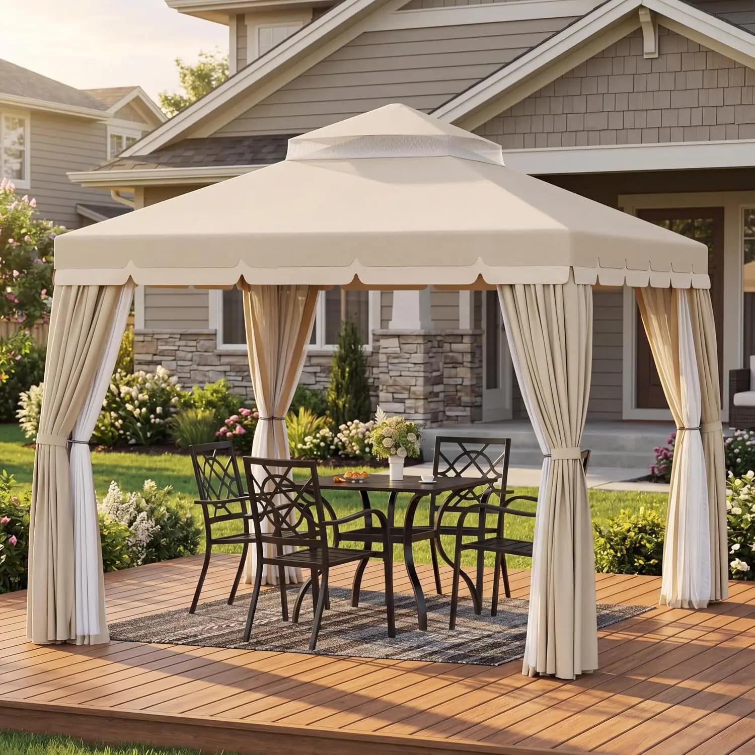 10x10 Outdoor Gazebo Heavy Duty Iron Frame Patio Canopy Vented Soft Top Breathable Mosquito Netting Privacy Curtains Sun Protection For Garden Backyard Lawn Poolside Beige