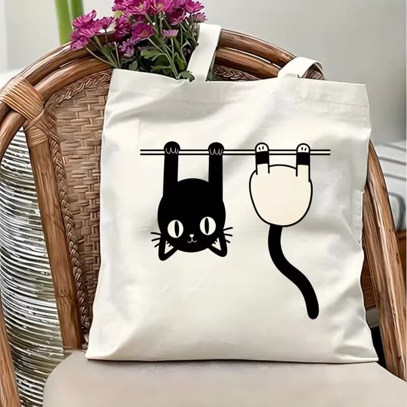 Minimal Black White Hanging Cat Cartoon Print Canvas Tote Bag Reusable Shoulder Handbag Funny Pet Kitten Pattern Shopping Bag
