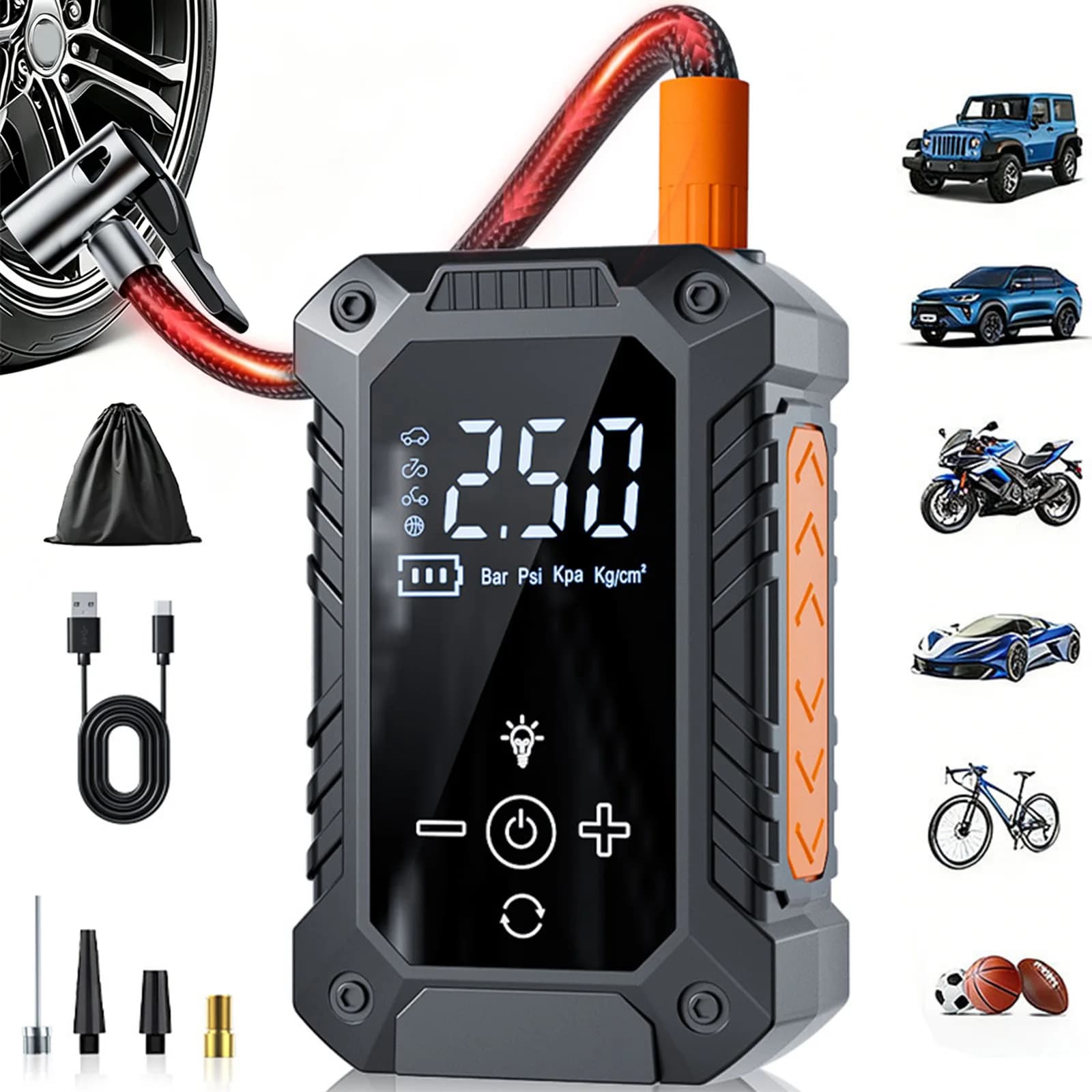 Wireless Air Pump LCD Digital Display Cordless Tire Pump with Auto Shut-Off with 4 Nozzles for Car Bikes Motorcycle Balls