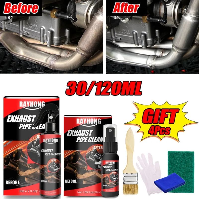 Rayhong Spray detergente per scarico da 120 ml - Rimozione ruggine e restauratore di lucentezza ad azione rapida per auto, moto, camper, ATV - con guanti