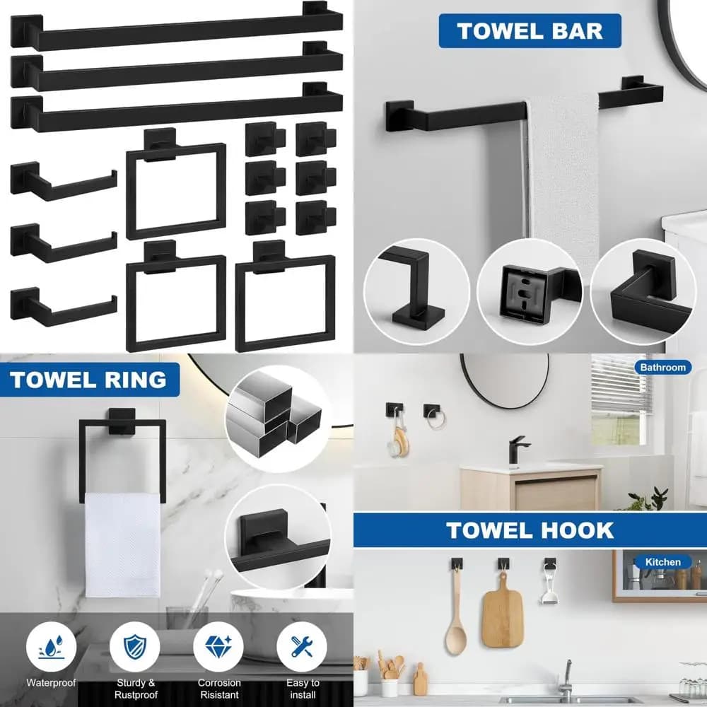 Set di accessori per il bagno nero opaco - Collezione di accessori da 15 pezzi con 24 portasciugamani, anello quadrato e porta carta igienica per Mo