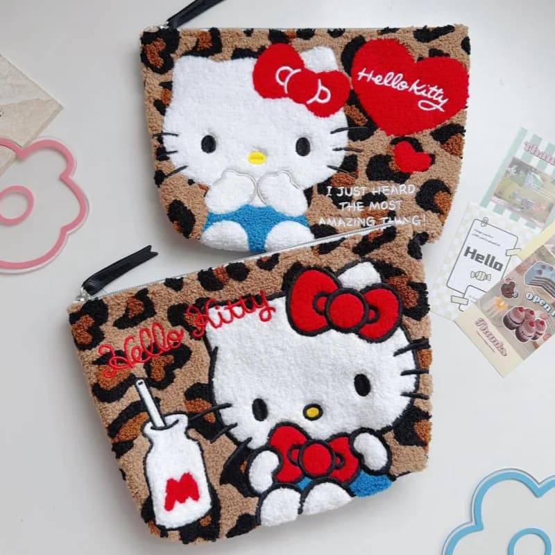 Borsa per il Trucco Kawaii Hello Kitty con Stampa Leopardata e Ricamo, Astuccio Portaoggetti, Regalo Sanrio per Ragazze