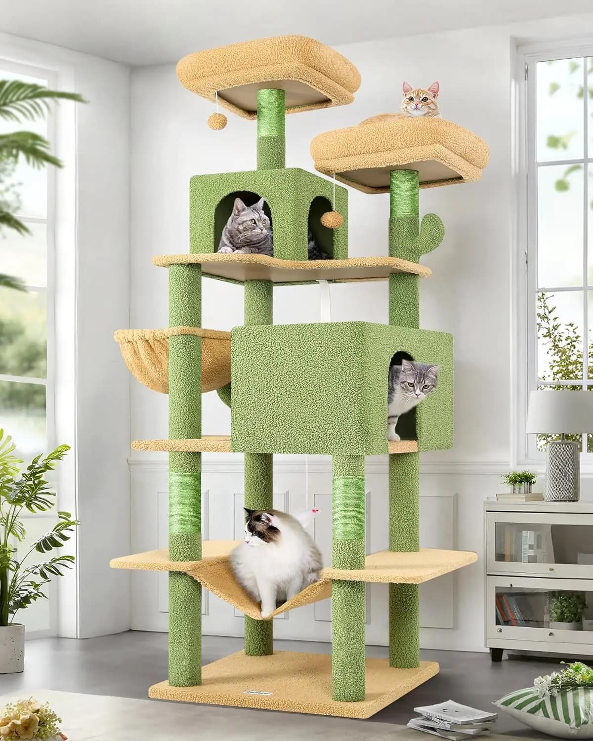Albero per Gatti Extra Alto da 76 Pollici con Cucce Accoglienti, Giocattoli Interattivi, Posti di Sosta per Gatti di Taglia Grande - Verde