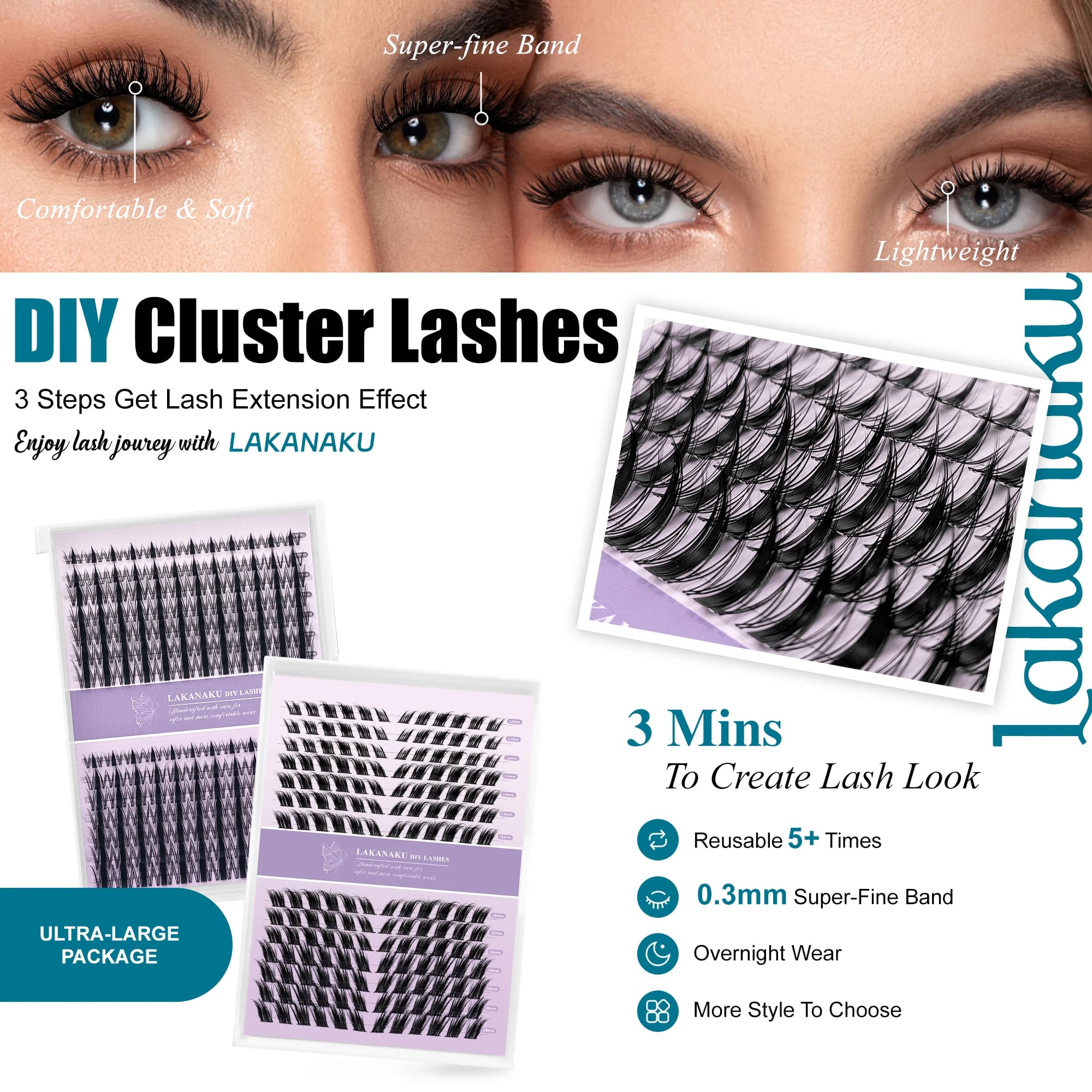LAKANAKU Individual Eyelashes Cluster Natural Cat Eye Style Extensions Do-it-your soft lashes Non-scented reusable for beginners and cosplay