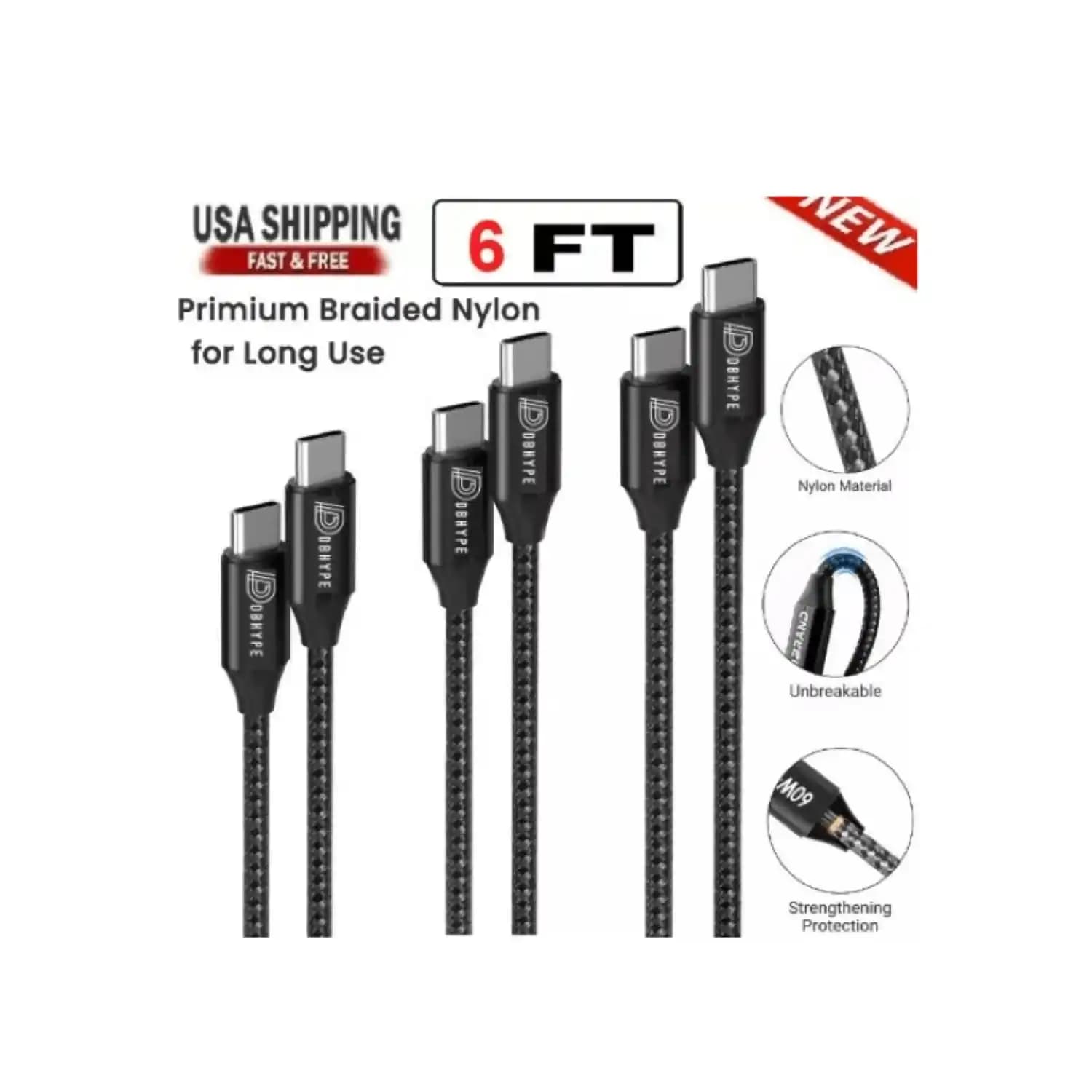 Confezione da 3 cavi intrecciati da Type-C a Type-C per ricarica rapida e sincronizzazione dati – Lunghezze da 3FT, 6FT e 10FT | Cavi di ricarica USB-C resistenti