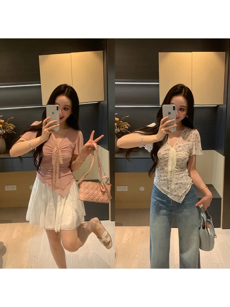 Top da donna estivo con stampa campanula e maniche a palloncino, stile casual versatile e snellente, t-shirt a maniche lunghe con scollo a V XINYI X626Y02220