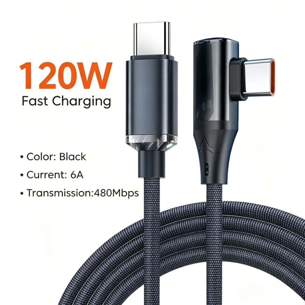 Cavo di ricarica USB C a 90 gradi da 120W, tipo C a tipo C, per ricarica rapida, compatibile con iPhone, Samsung, Xiaomi, Huawei.