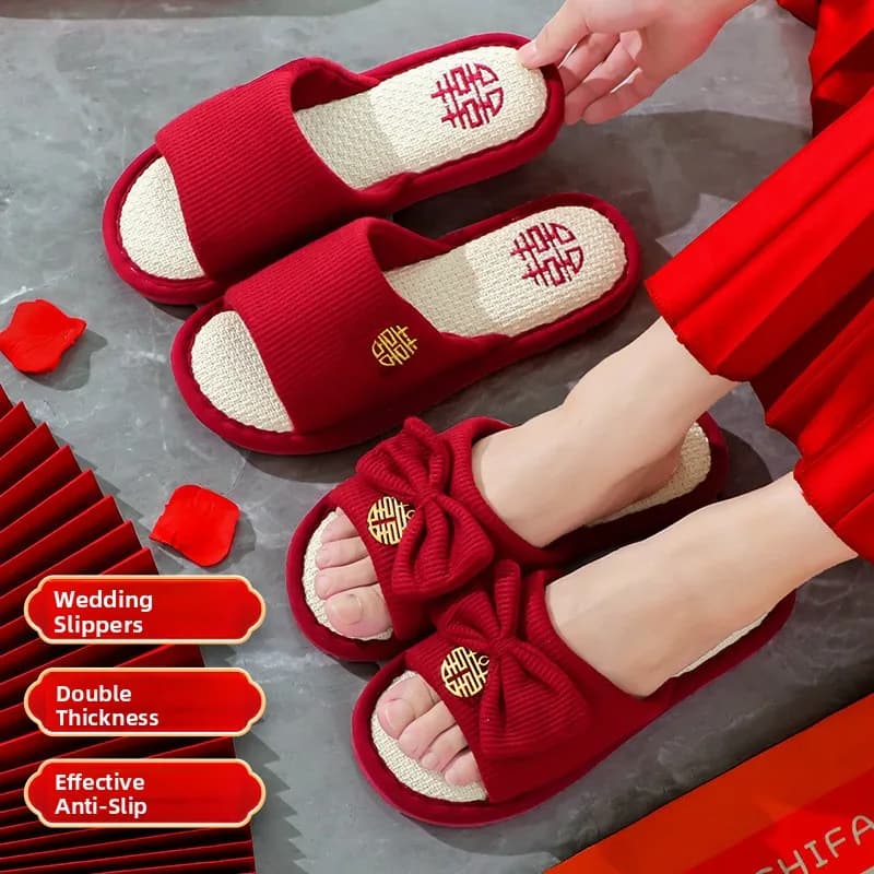 Wedding Couple Slippers Red Celebration Matching New Home Fabric Slippers Bridal Gift Set for Bridegroom And Bride
