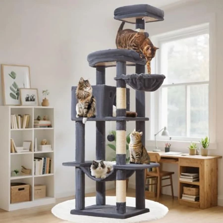 Albero per Gatti Grande da 66 Pollici con Tiragraffi, Amaca Morbida Grigio Fumo, Cesto Regolabile per Gatti Grandi, Postazione Superiore Deluxe, Lussuoso