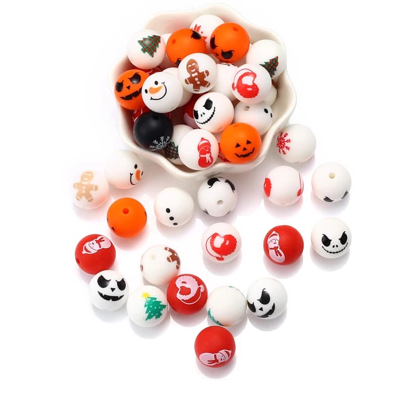 Perline in Silicone con motivo a stampa rotonda da 15mm 10 pezzi perline da masticare per massaggiagengive di Halloween per collana fai da te catena per ciuccio