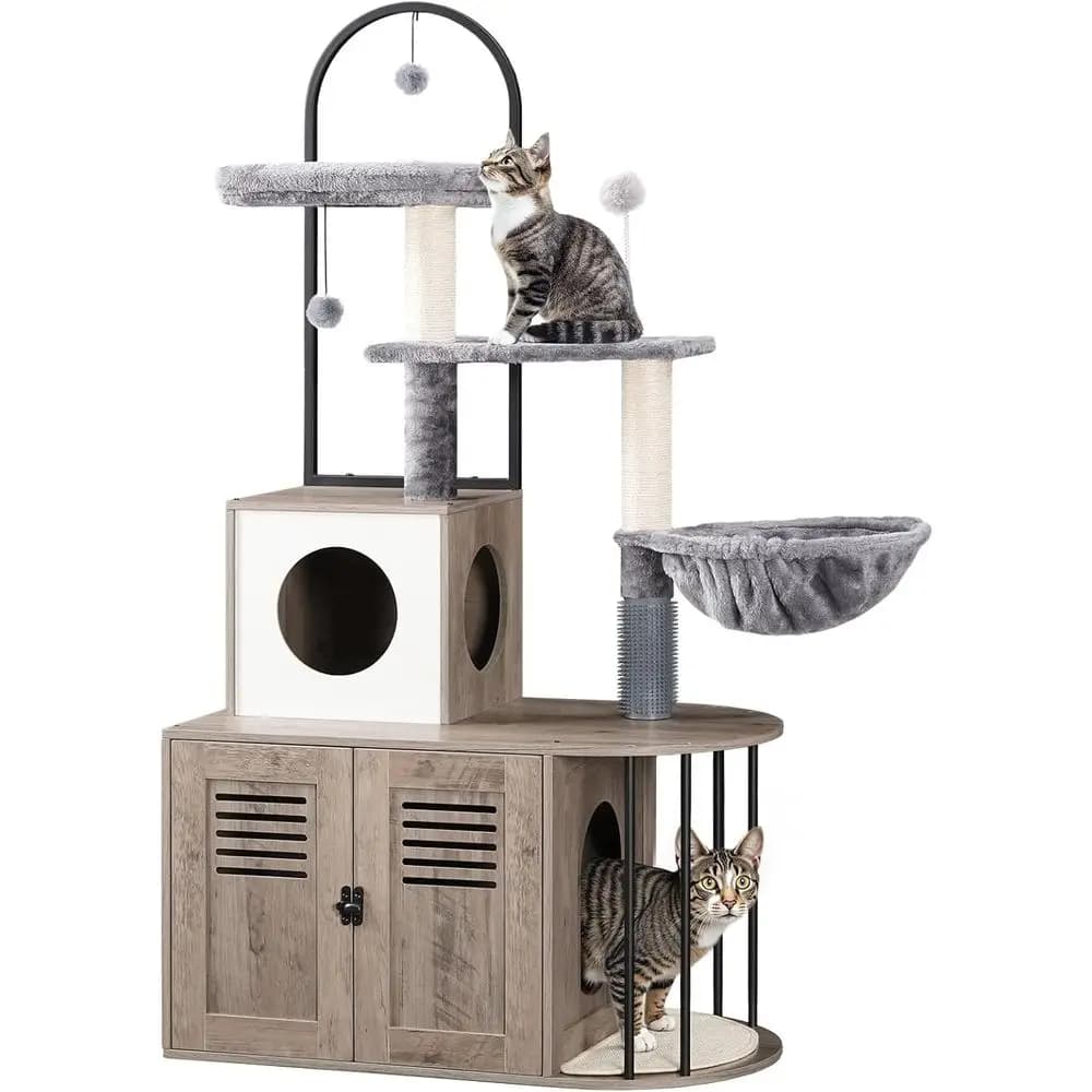 Albero per Gatti All-in-One da 31,5 Pollici con Box Lettiera Integrato, Design ad Arco, Pali in Sisal, Amaca per Gatti da Interno, Grigio e Beige