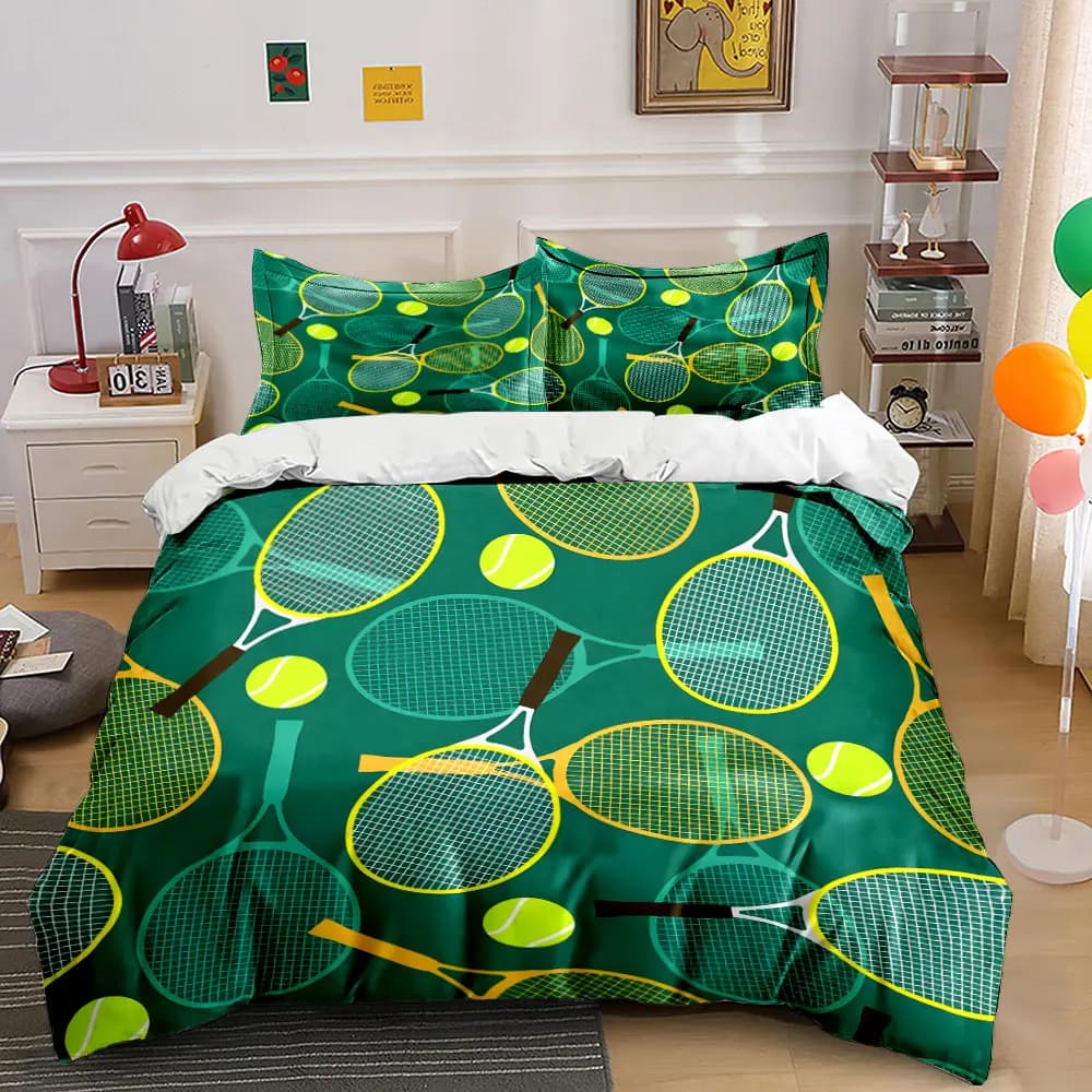 Set di biancheria da letto con stampa di racchette e palline da tennis, 1 copripiumino, 2 federe per adulti e bambini, regalo di lusso, misura completa