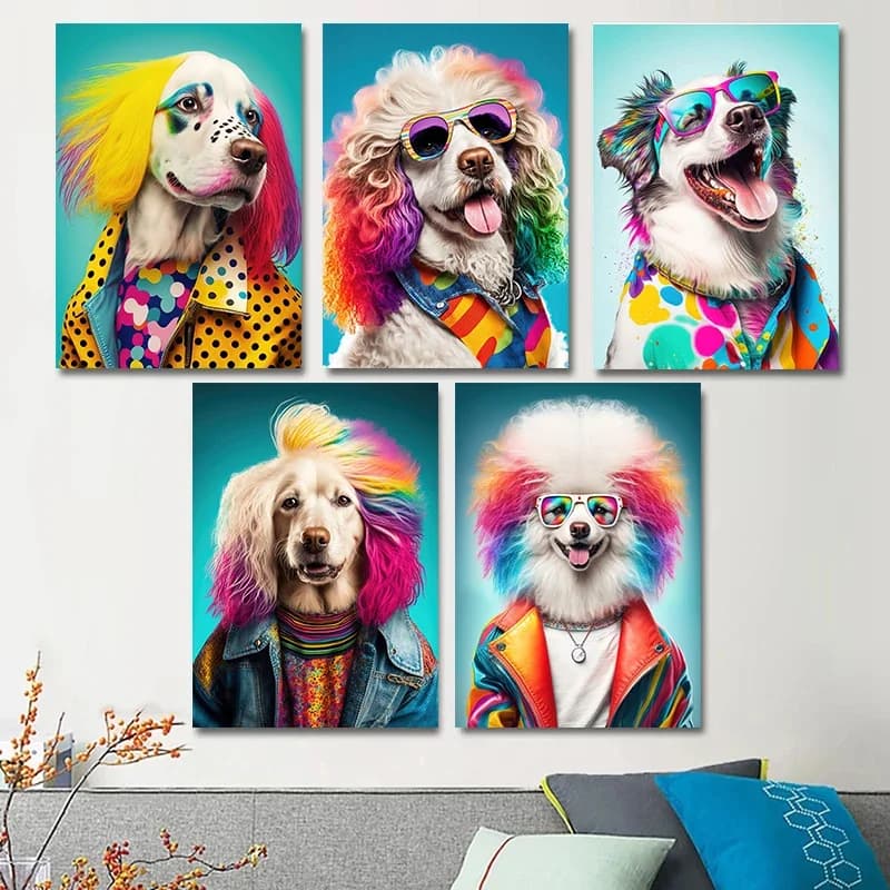Anni '80 Colorful Fashion Dog Art Canvas Painting Pictures Funny Cute Pets Dog Wall Art poster e stampe Cuadros Home Decor Cuadros
