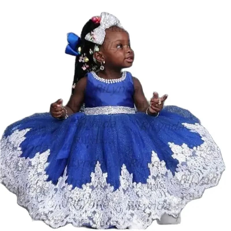 Abiti da ragazza di fiore principessa blu royal Cristalli Abiti da festa di compleanno per ragazze lunghi con volant in organza con una spalla