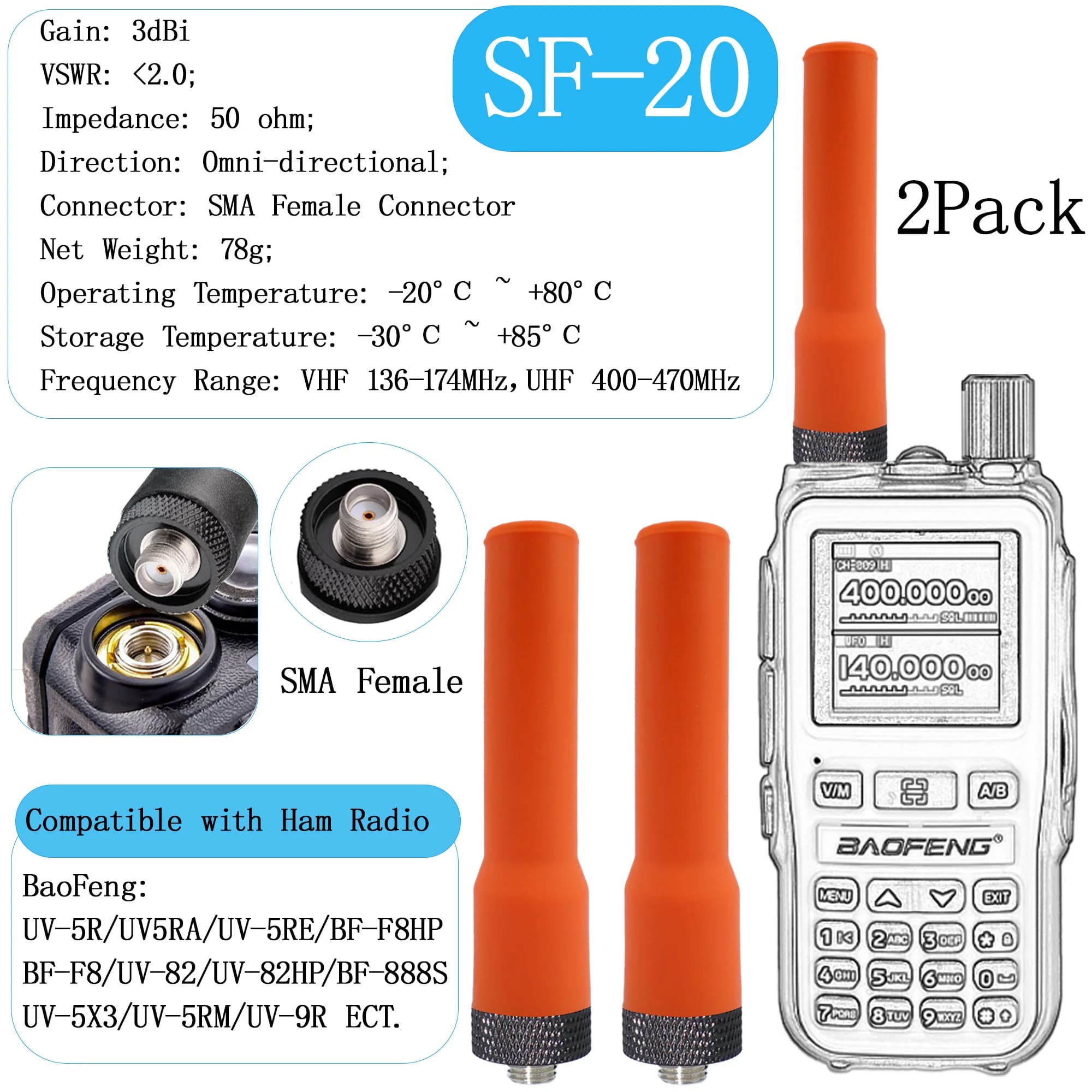 Confezione da 2 - Antenna radioamatori VHF UHF 136-174 MHz 400-470 MHz a doppia frequenza Walkie Talkie radio bidirezionale per Wouxun Baofeng BF-F8HP
