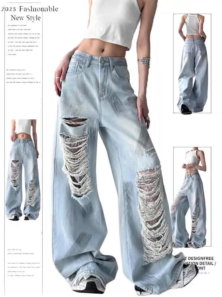 Jeans strappati larghi blu da donna Pantaloni in denim vintage Y2k Harajuku Pantaloni jeans hip-hop stile giapponese anni 2000 2025