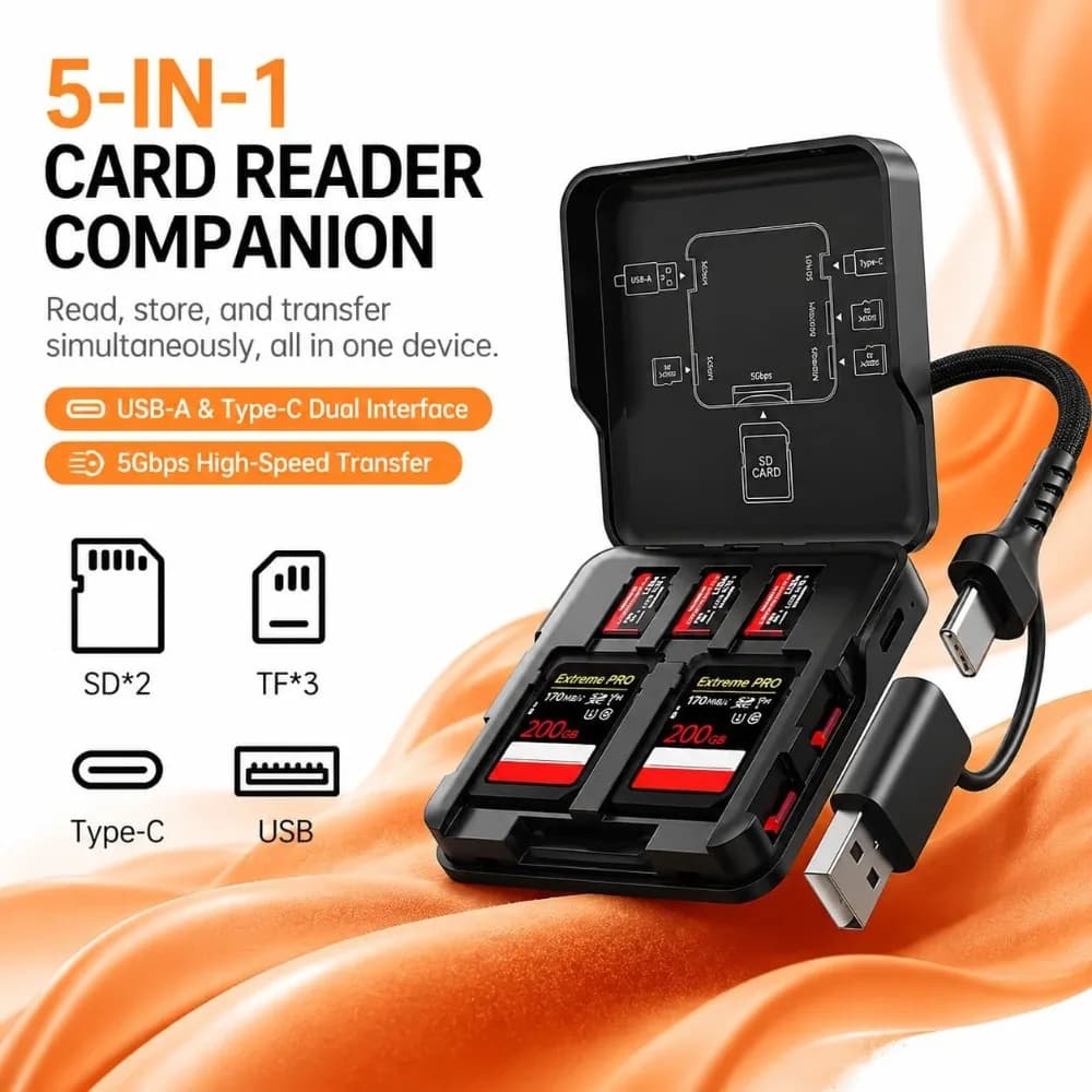 5-in-1 Memory Card Reader with Storage Case, USB A & USB C 3.0 Dual Connector SD/TF Card Reader, 5Gbps High-Speed, for PC Phone