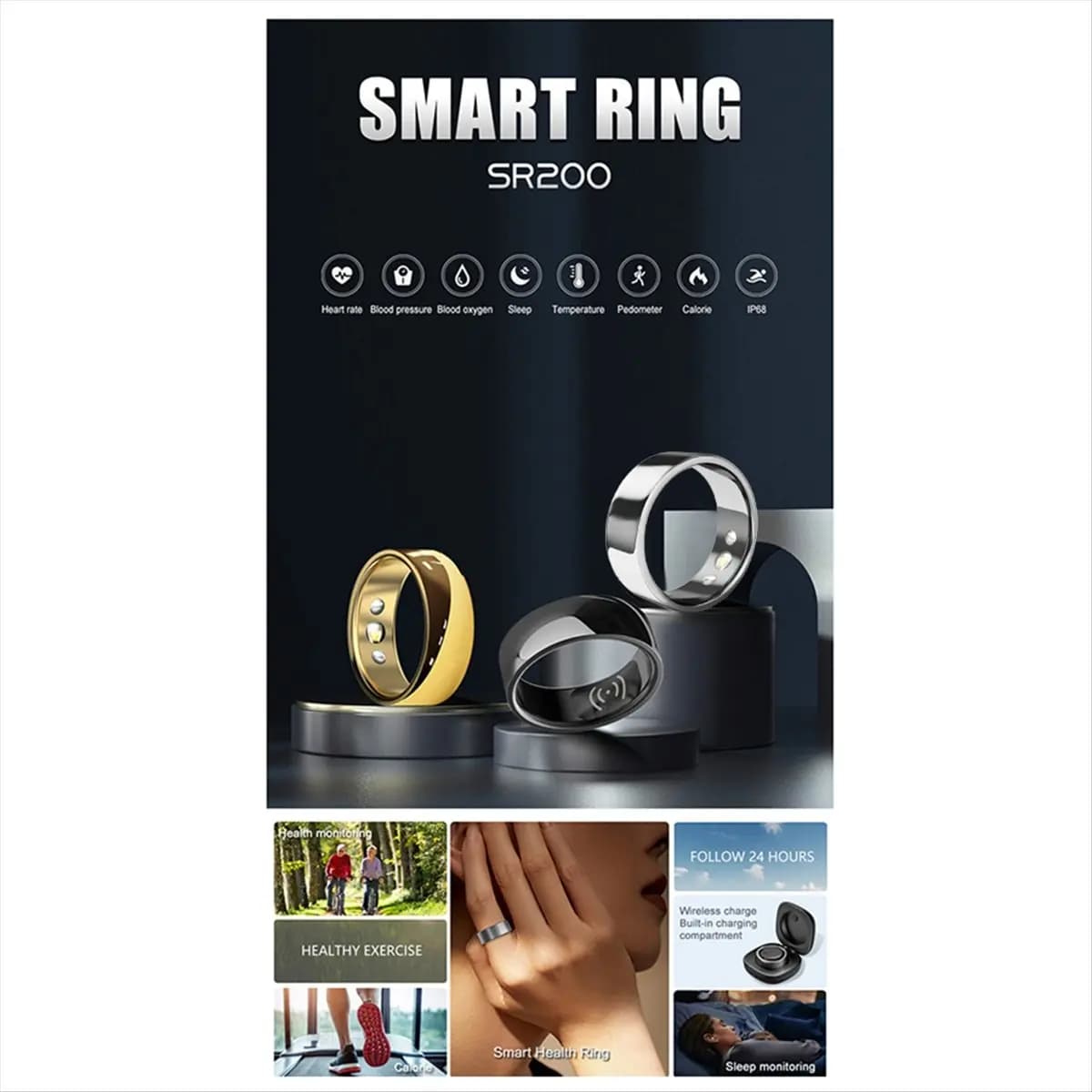 *X07A SR200 Smart Ring Activity Fitness Tracker Blood Oxygen Blood Pressure Sleep Monitor finger ring for IOS Android B