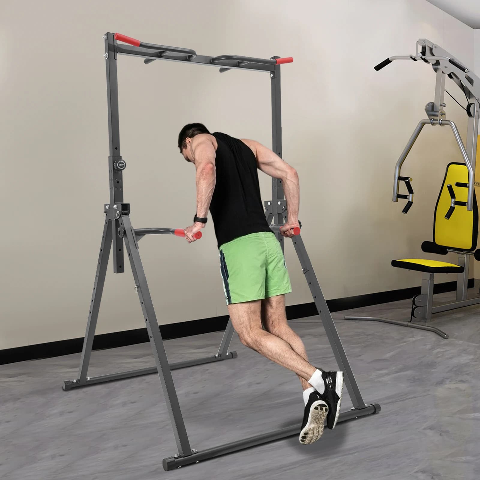Foldable Height Adjustable Pull Up Horizontal Bar Thickened 1.2mm Steel Triangular Stable Frame Anti-Rust Baking Paint Quick Disassembly Safety Pins Anti-Slip Knob Multi Workout Dip Leg Raise Machine For Living Room Bedroom Family Fitness
