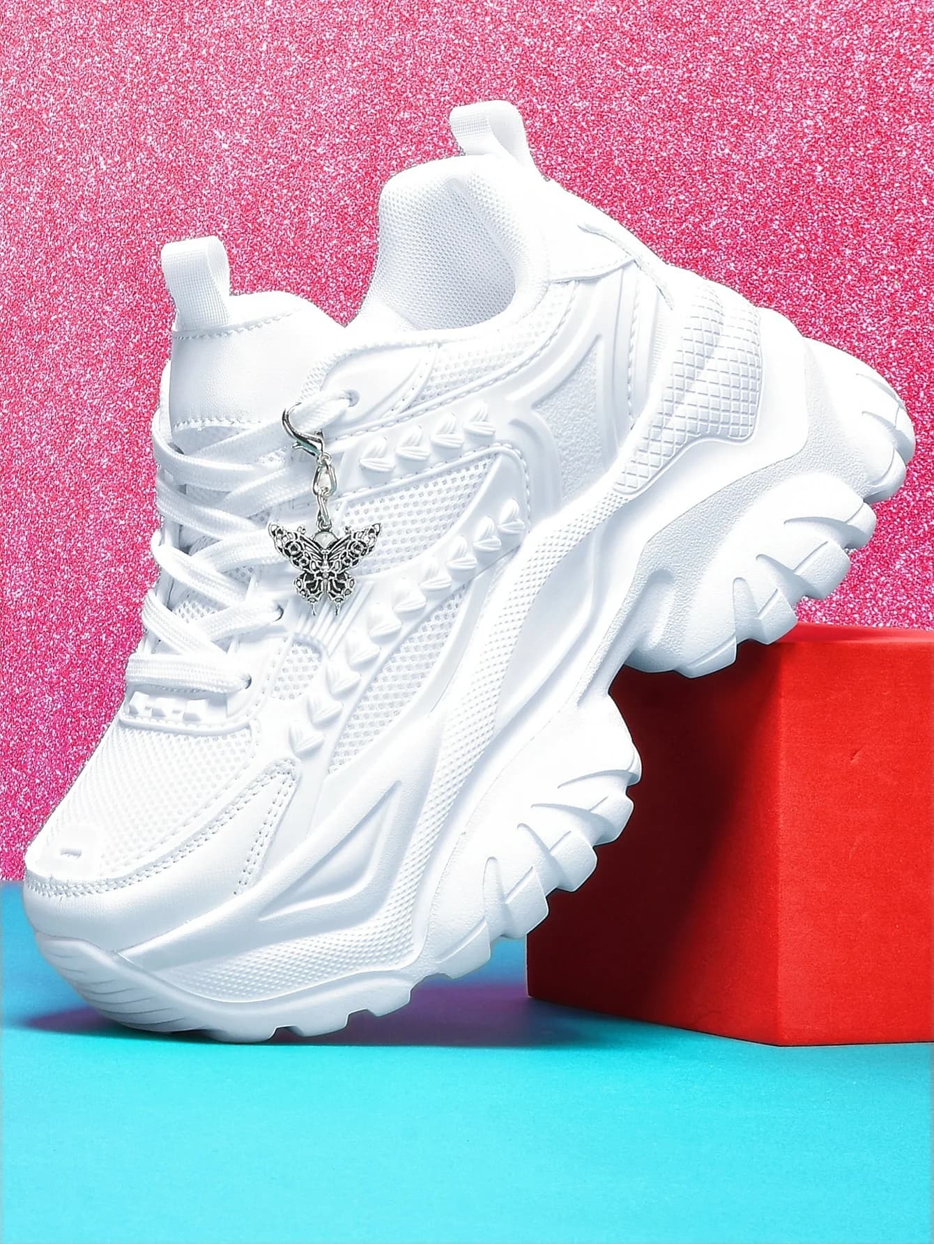 Women's Lightweight 7cm Height-Increasing White Platform Trendy Versatile Fashion Casual Vulcanized Shoes with Silver Butterfly Decoration and Chain Accessory, High Platform Trendy Versatile White Women's Comfortable Soft-Soled Shock-Absorbing Non-Slip Vulcanized Shoes, Summer Breathable Quick-Dry Mesh Sandals for Daily Walking, Fitness, Work, White Shoes