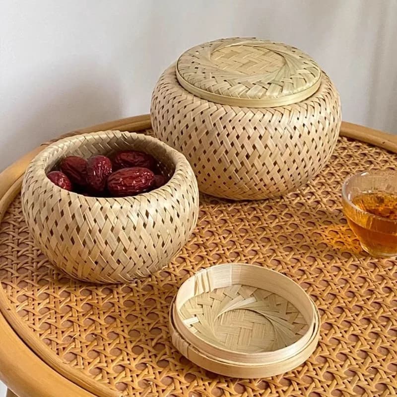 Creative Handmade Bamboo Woven Storage Box with Lid Circular Tea Basket Fruit and Dried Fruit Storage Box Home Storage