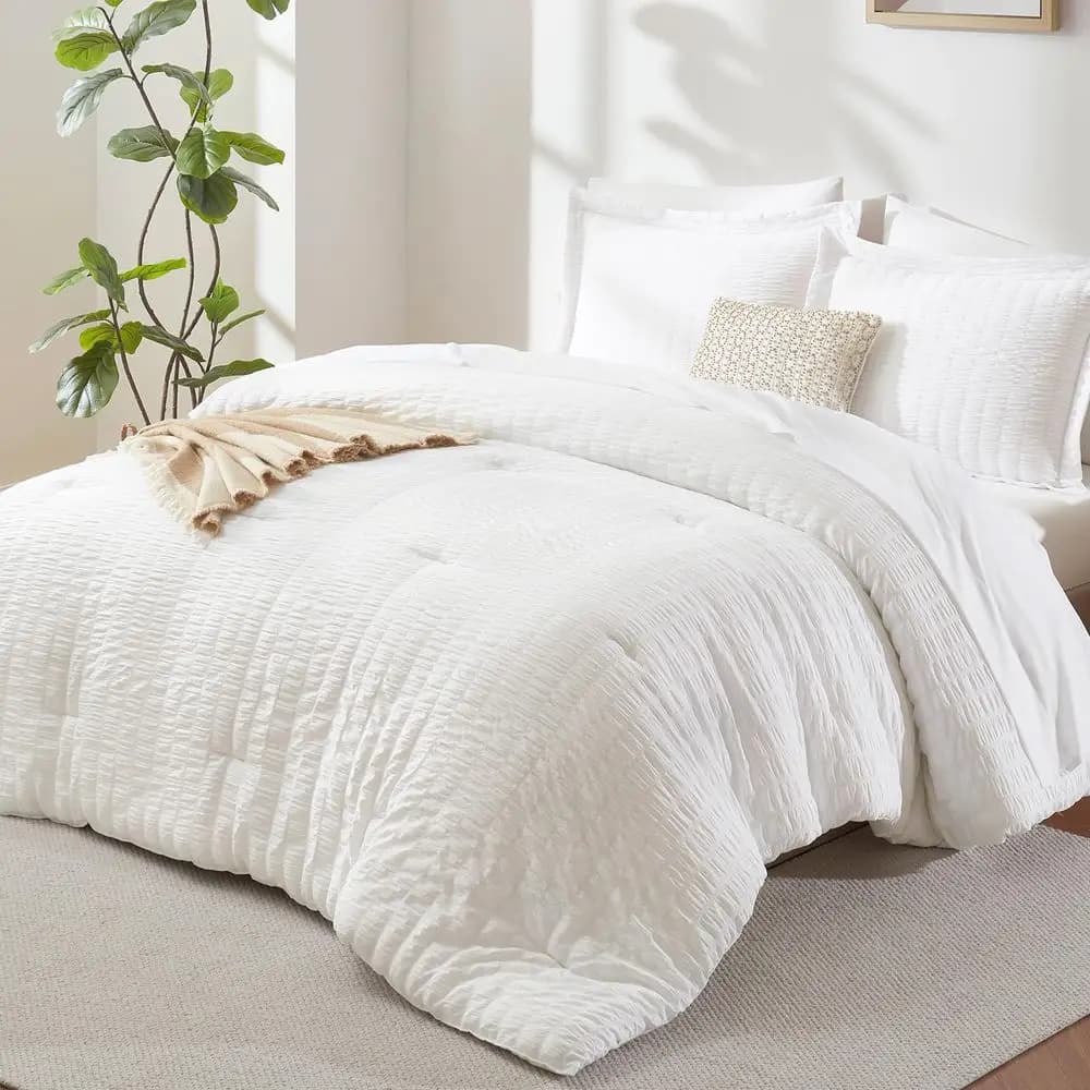 Set Copripiumino Queen Bianco in Seersucker 7 Pezzi, Set Completo con Lenzuola, Set Biancheria da Letto di Lusso Morbido con Piumino