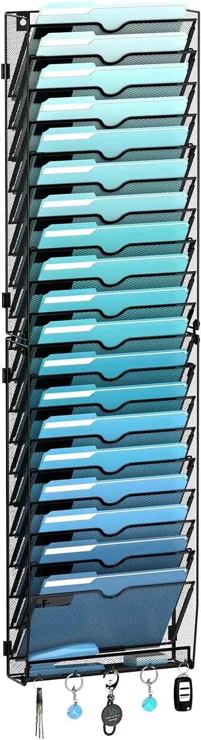 Organizzatore da parete a 20 livelli con ganci, porta documenti sospeso per fogli, cartelle, riviste - Nero