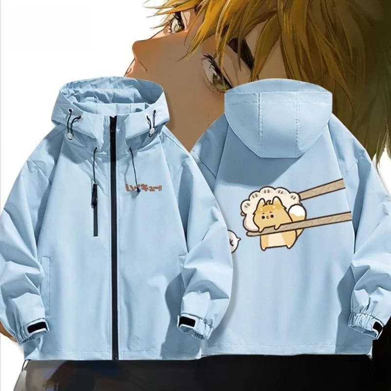 Giacca da uomo autunno/inverno con cappuccio e cerniera, antivento, a maniche lunghe, con stampa anime Volleyball Boy Rice Hill North