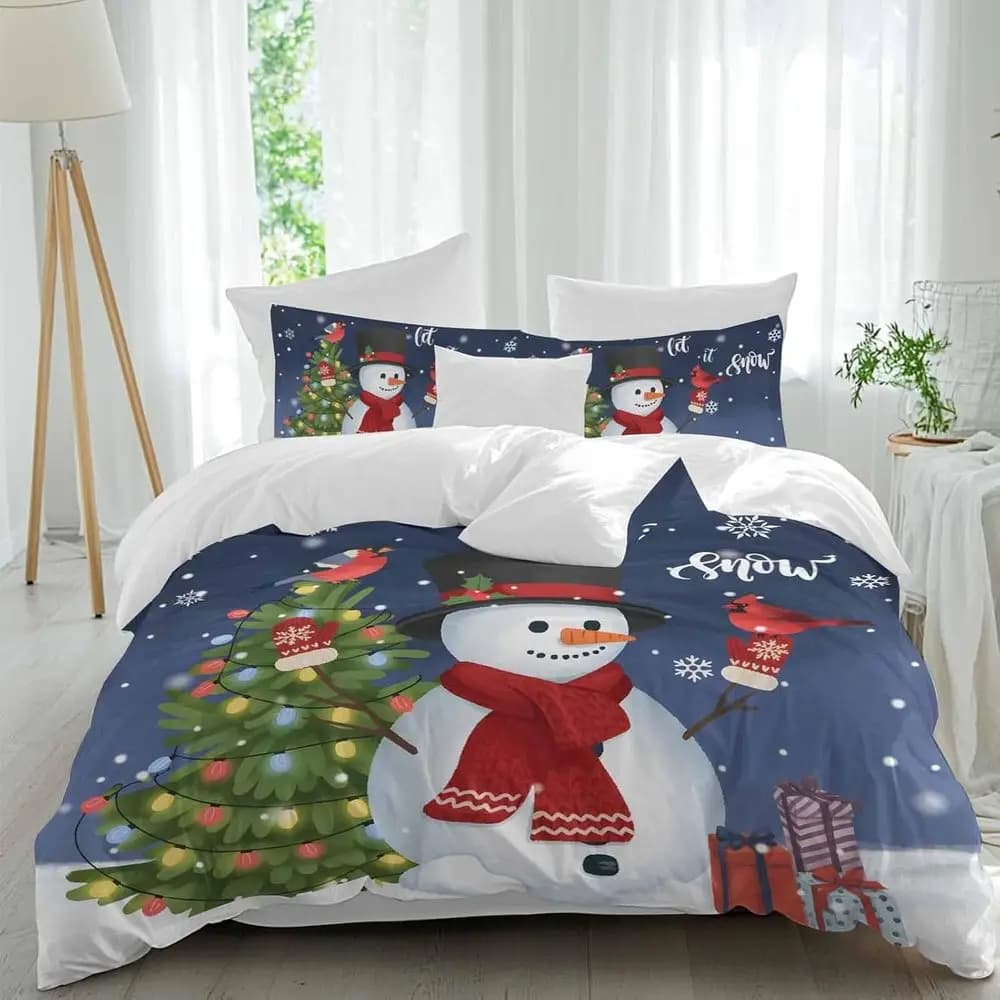 Set di lenzuola Chrisas man, motivo cartone animato con uccelli e albero di Natale, sfumatura blu, 4 pezzi, set copripiumino traspirante, biancheria da letto accogliente