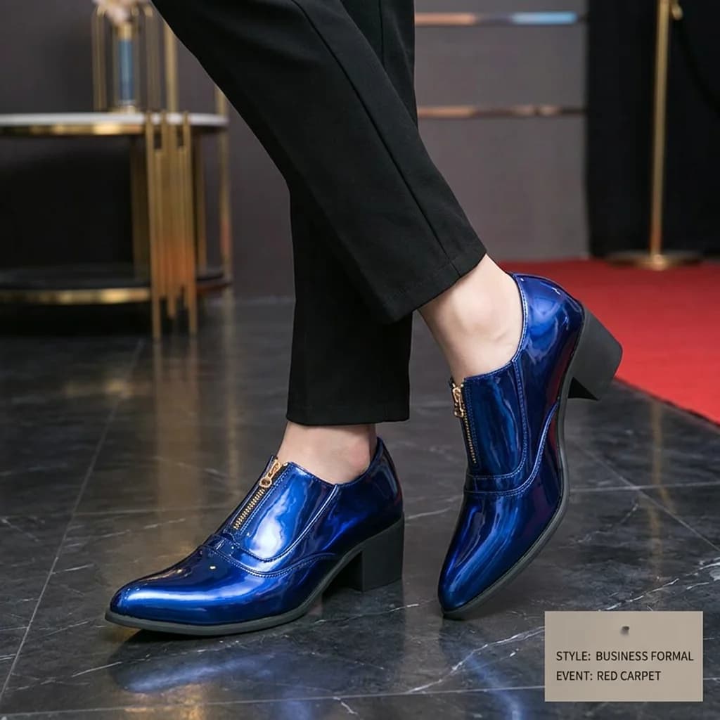 Fashion Mirror Surface Men High Heel Shoes Pointed Toe Zipper Design Loafers Male Height Increase Wedding Formal Elevator Shoes