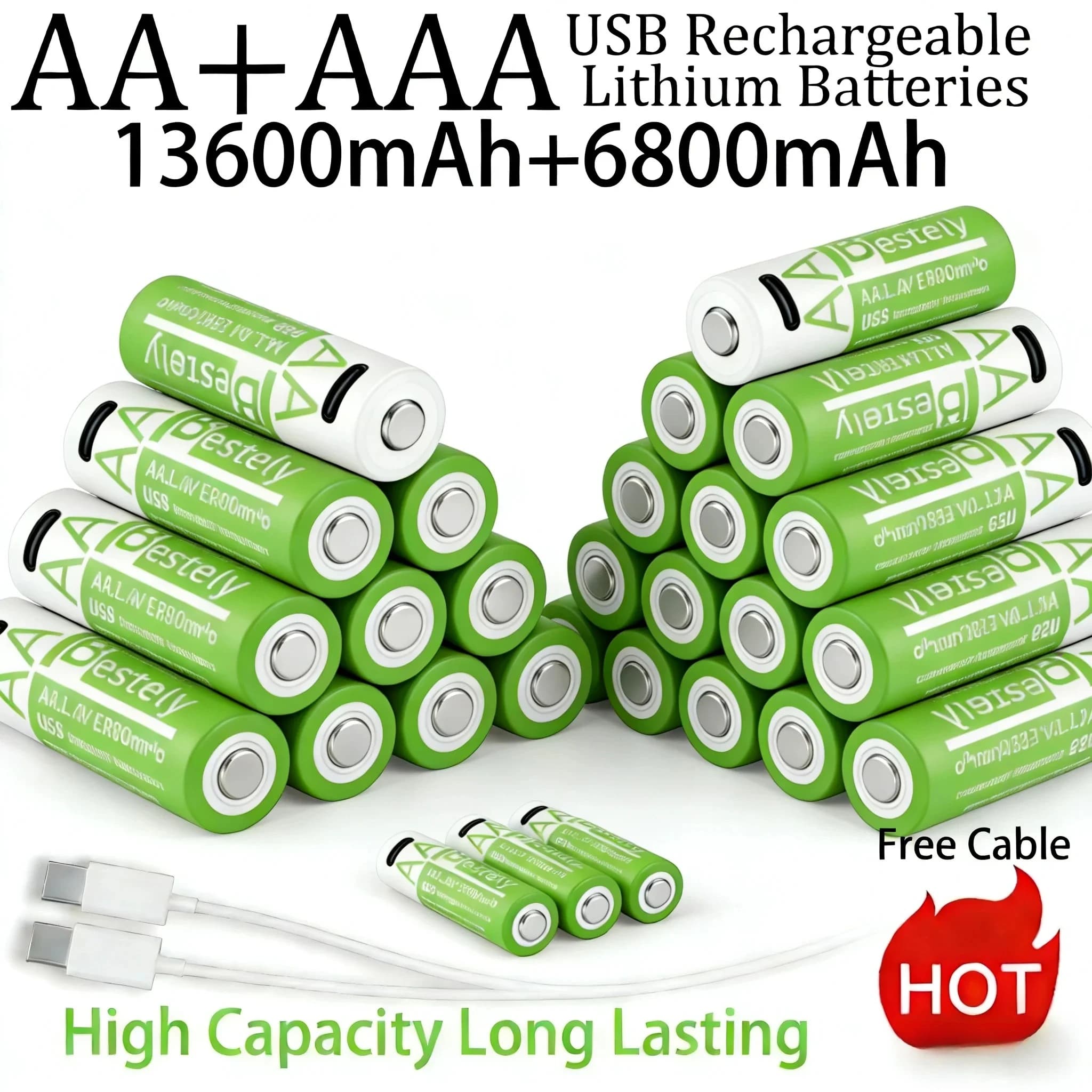 New Rechargeable Lithium Batteries AA 13600mAh and AAA 6800mAh 1.5V, 2000 Cycles, Quick Charging with Free USB-C Cables