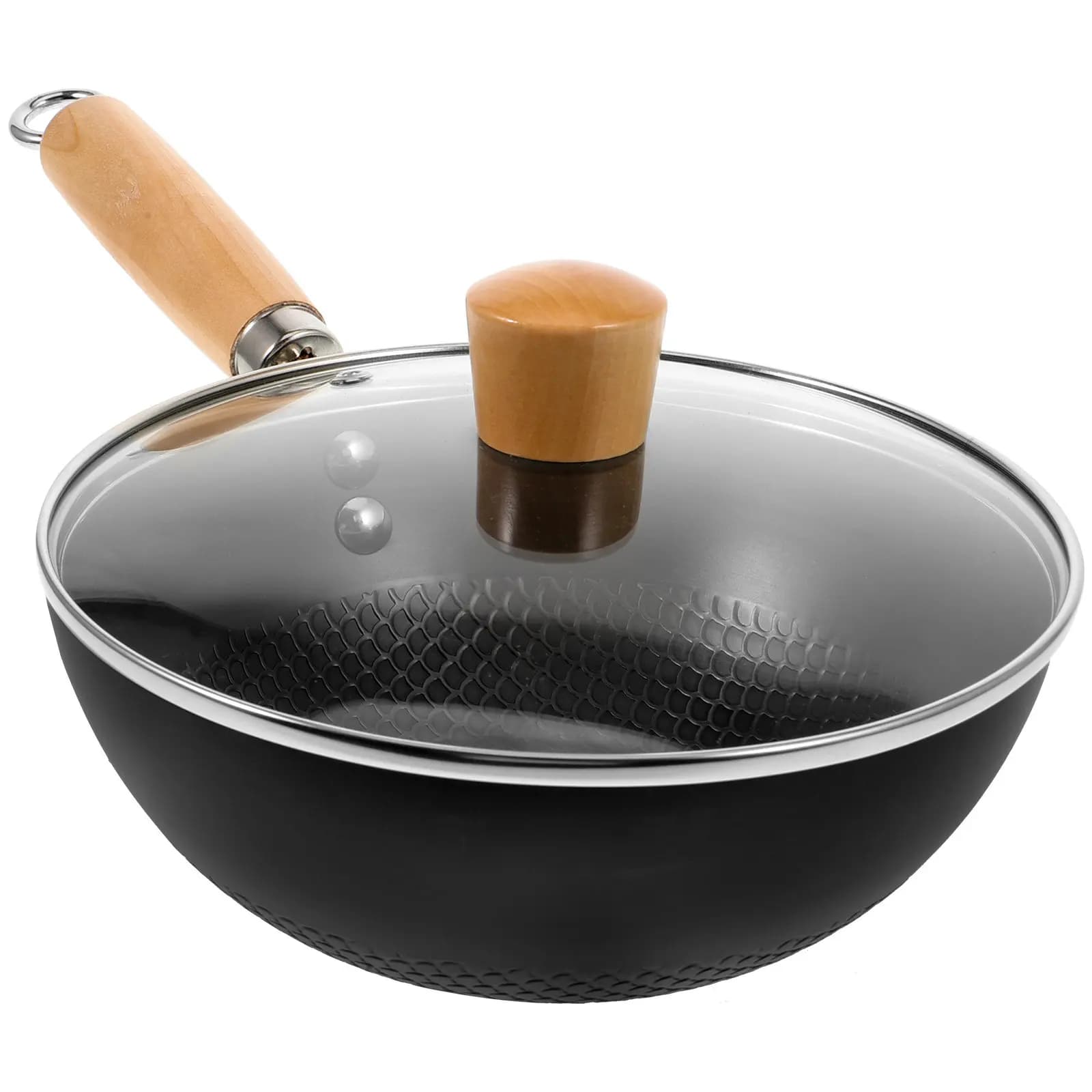 Set di 1 Wok Cinese a Fondo Piatto in Ferro Premium con Coperchio in Vetro, Manico Ergonomico, Padella Antiaderente per Cucina a Gas, Utensile da Cucina per Stir-Fry