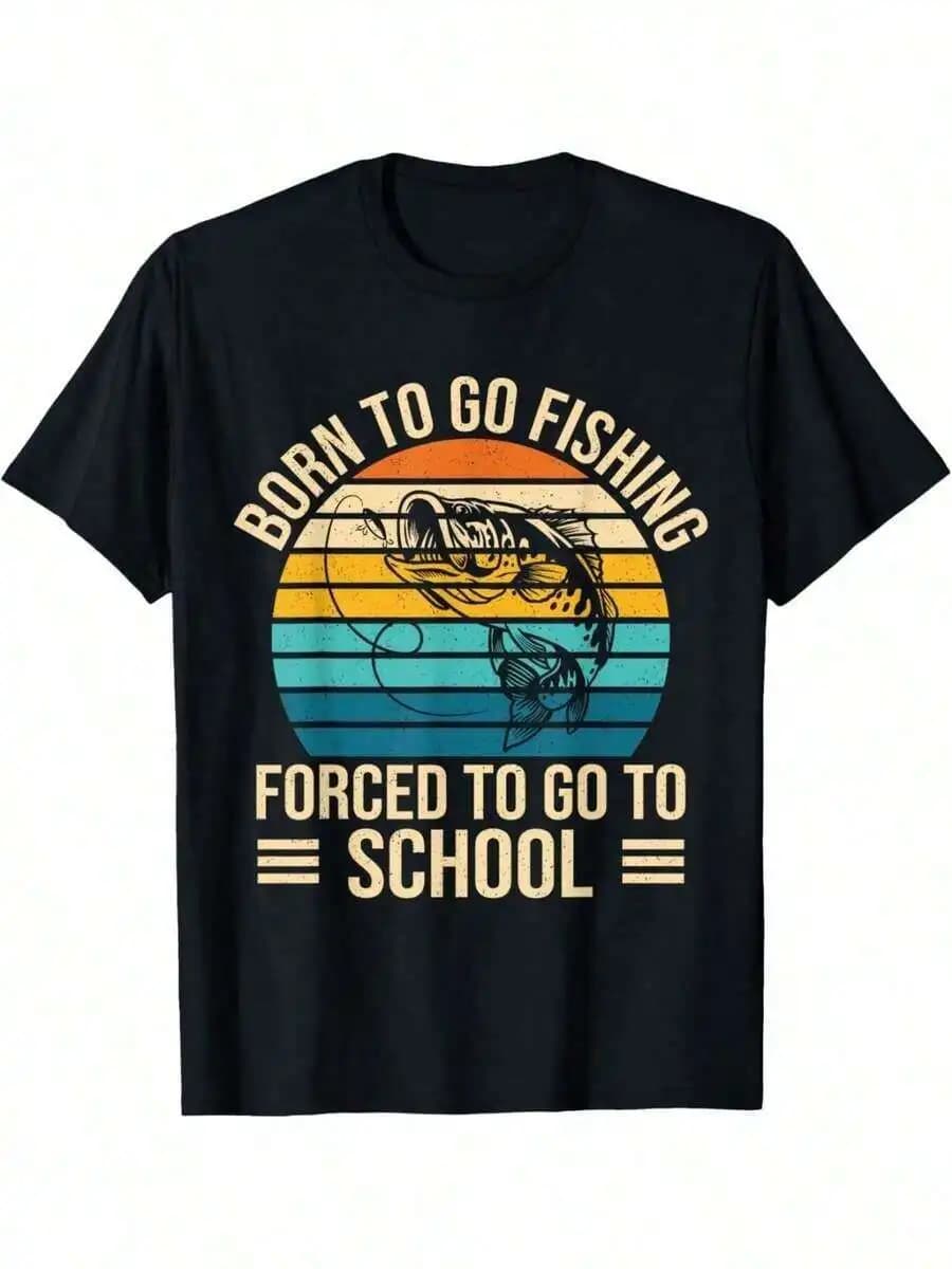 Born To Go Fishing Forced To Go To School T-shirt grafica vintage da uomo, girocollo nero per adulti