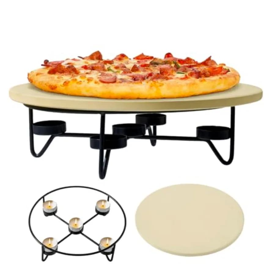 Pietra per Pizza con Portacandele Riscaldanti, 11,5 Pollici, Pietra Rotonda per Riscaldare il Pane, Vassoio Durevole per Servire e Esporre Alimenti