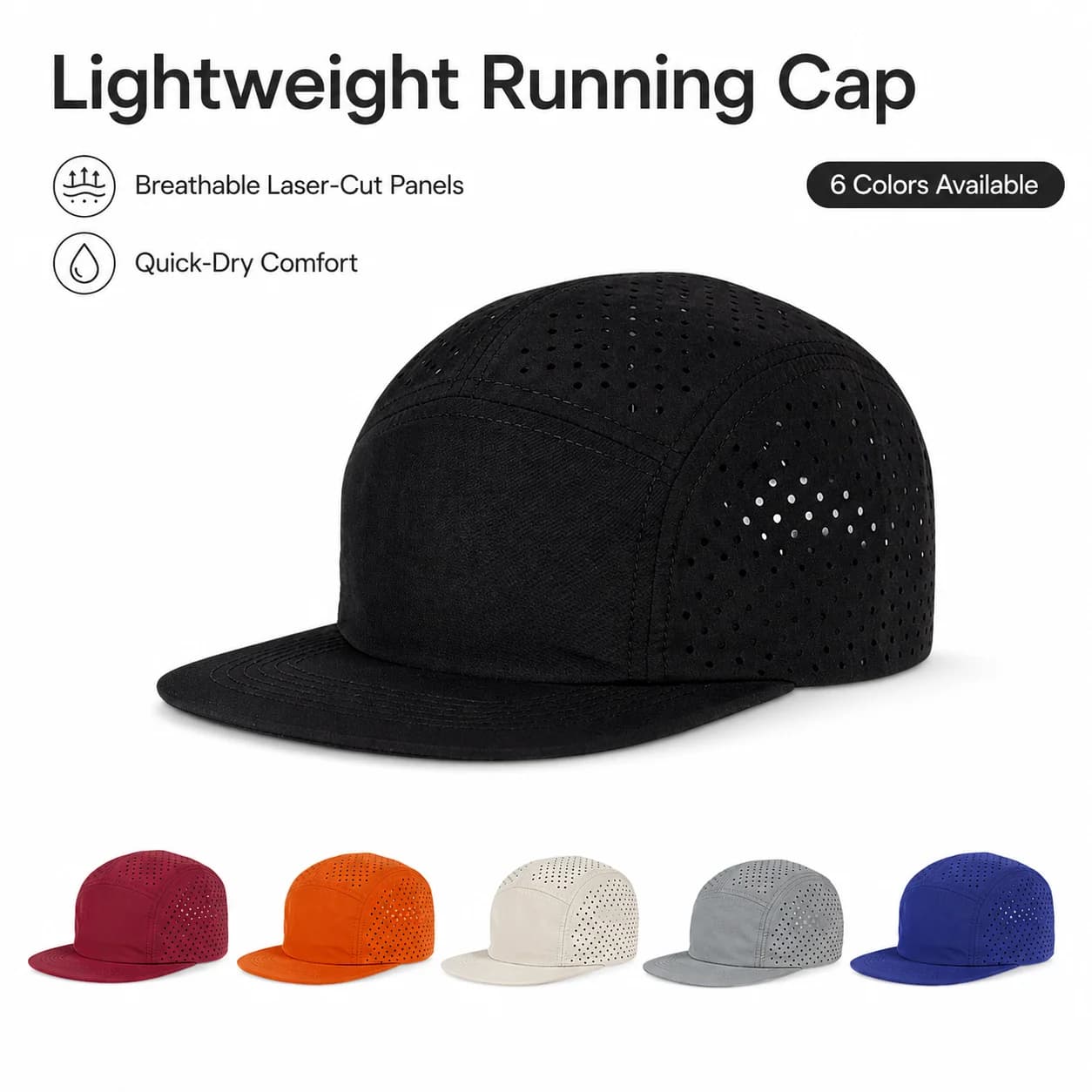 Quick-Dry 5 Panel Running Cap Laser Cut Perforated Breathable Sport Hat Ultra-Lightweight Soft Top Baseball Cap for Men Women