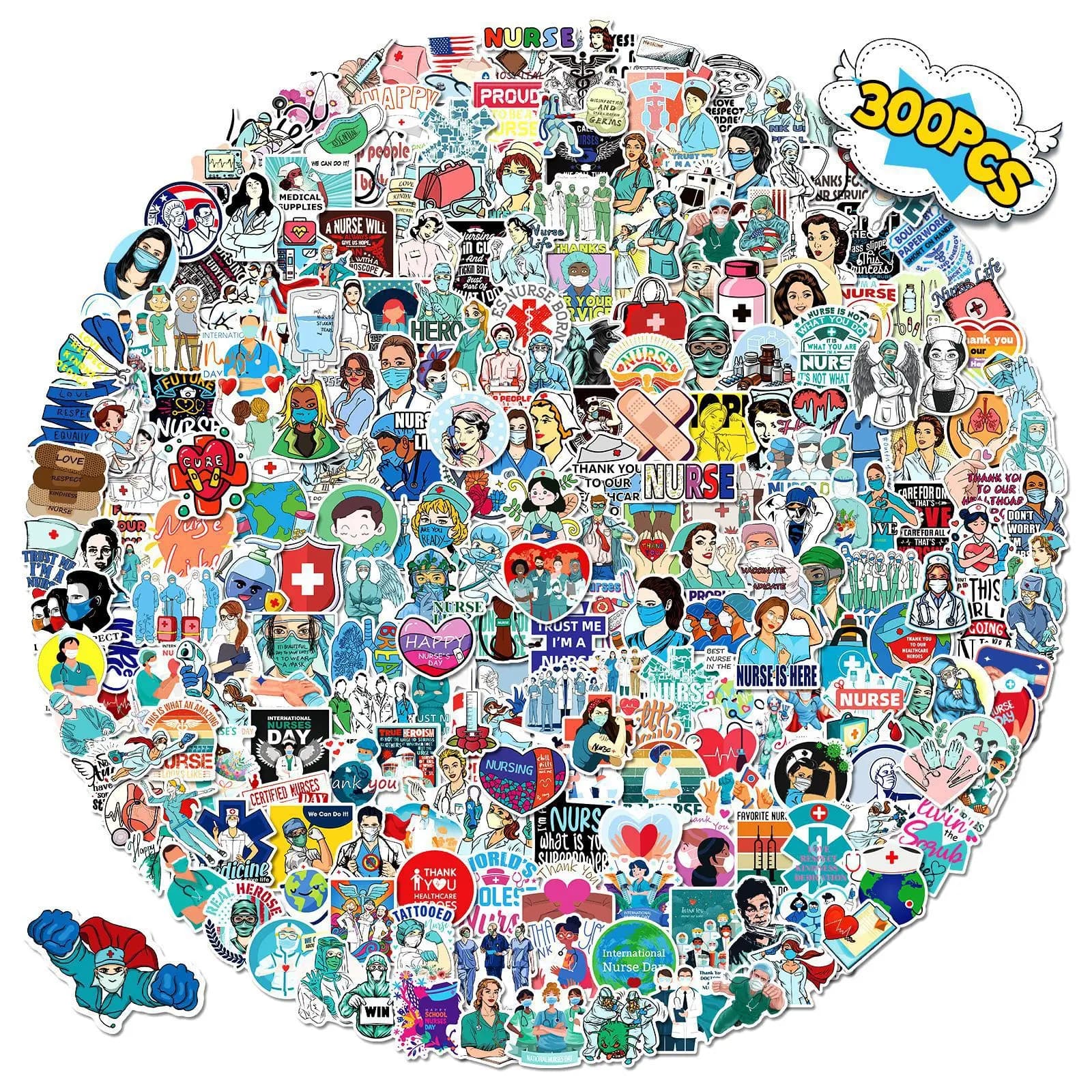 300Pcs Nurse Stickers Waterproof Decals for Nurses Week, Medical Themed DIY Scrapbooking Laptop Luggage Journal Decoration