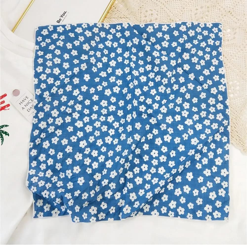 Foulard quadrato in cotone e lino con motivo floreale, stile pastorale, per capelli o collo, da donna