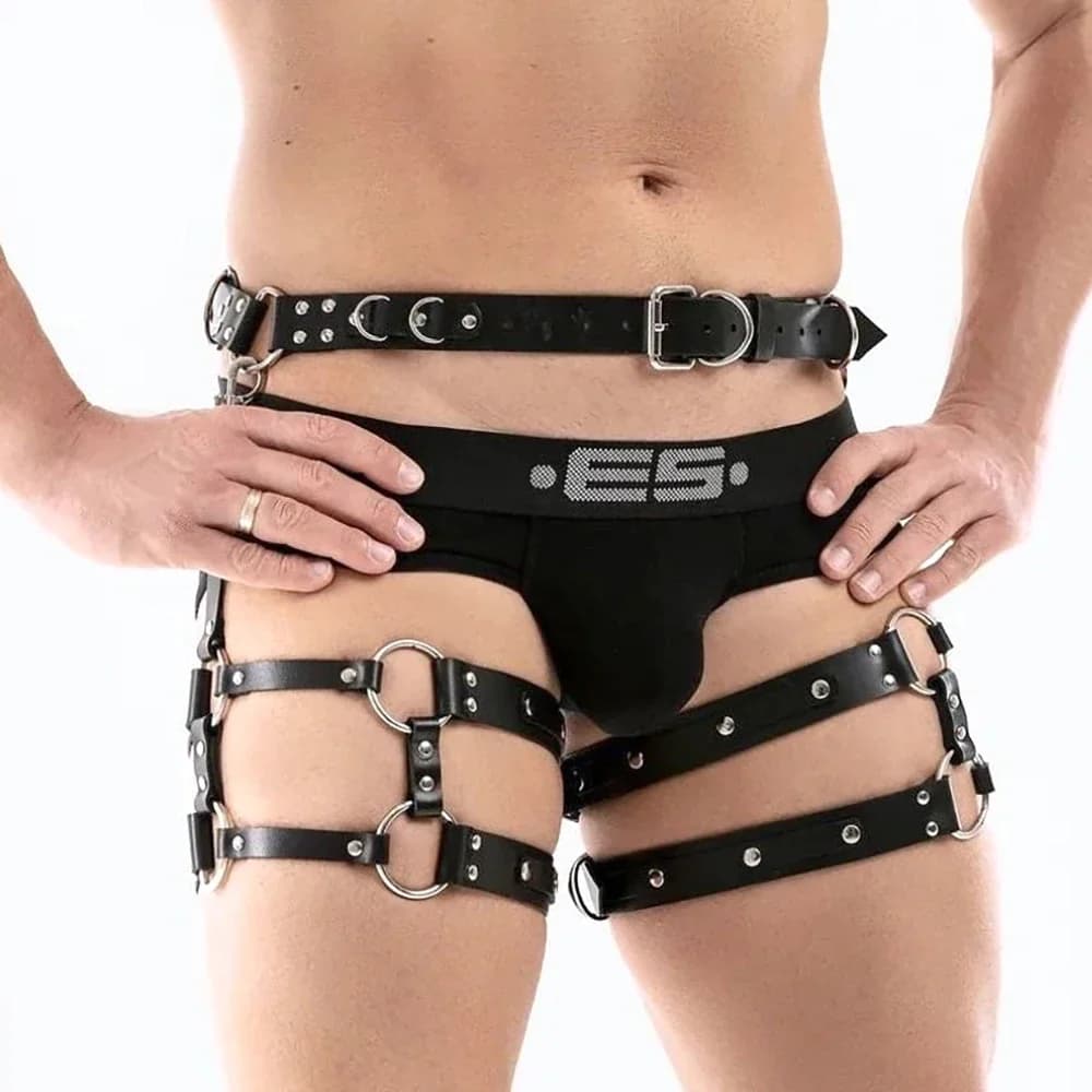Uomo Imbracatura per gambe in pelle Fetish regolabile Abbigliamento gay Corpo sessuale Bdsm Bondage Cage Cinture Cinture Schiavo Rave Costumi per il sesso