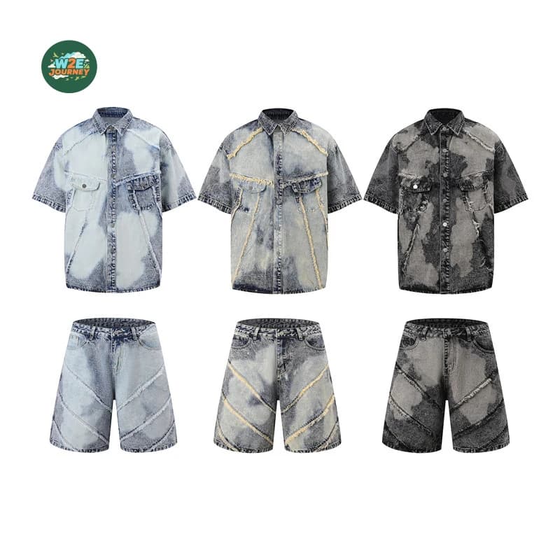 W2EJOURNEY Luxury Quality EU US Size Outdoor Wear Washed Short-sleeve Denim Men Jean Shirt Jacket Shorts Set