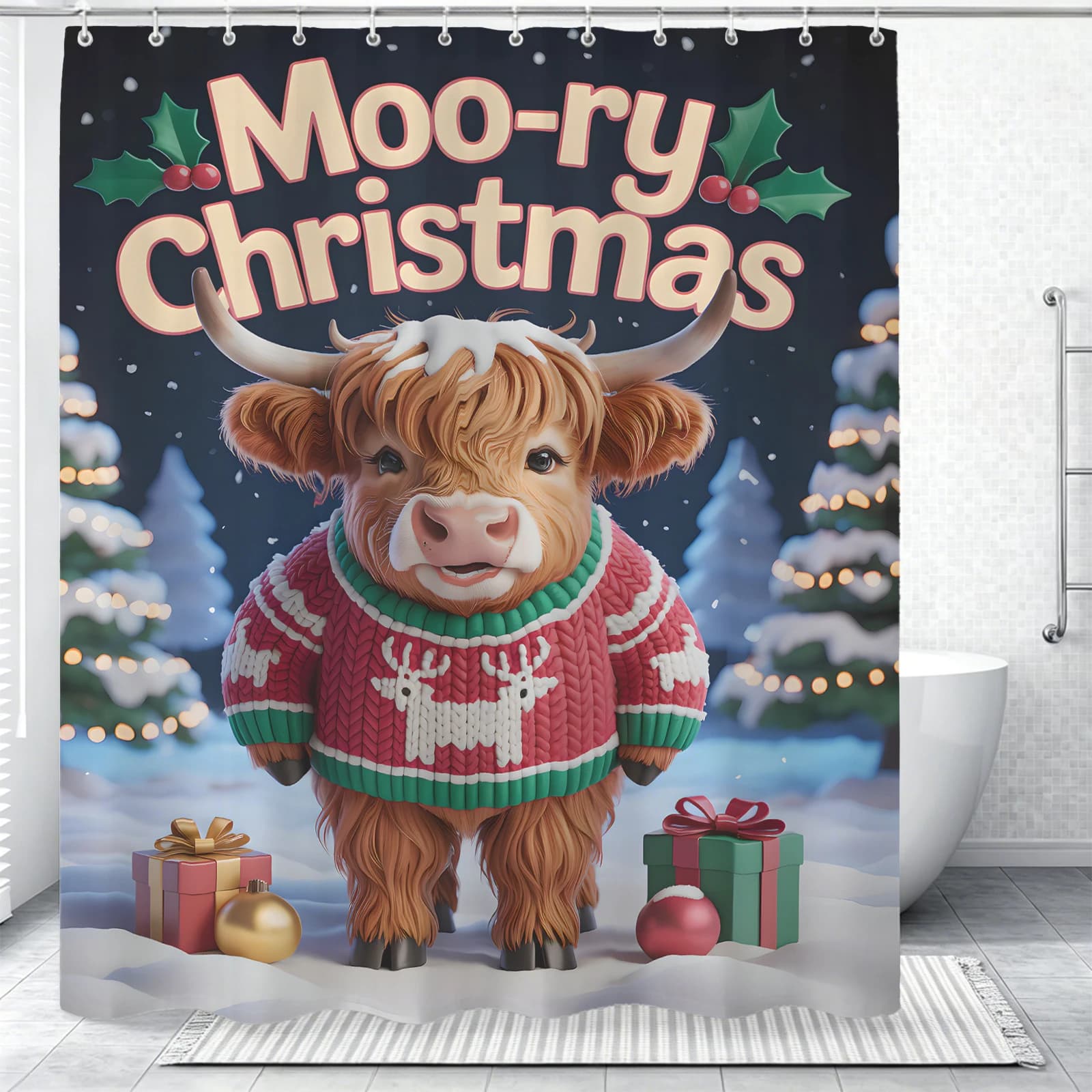 Christmas Highland Cow Shower Curtain Funny Moo-ry Print Waterproof Fabric Bathroom Decor Winter Holiday Farmhouse