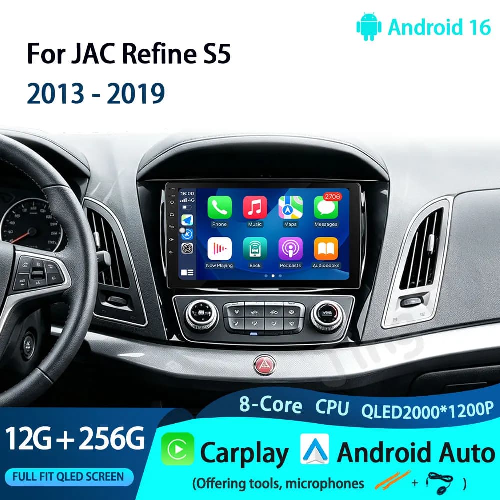 Android 16 Car Radio for JAC Refine S5 2013-2019 Carplay Navigation GPS Video DSP No 2 DIN Multimedia Player Split Screen WIFI