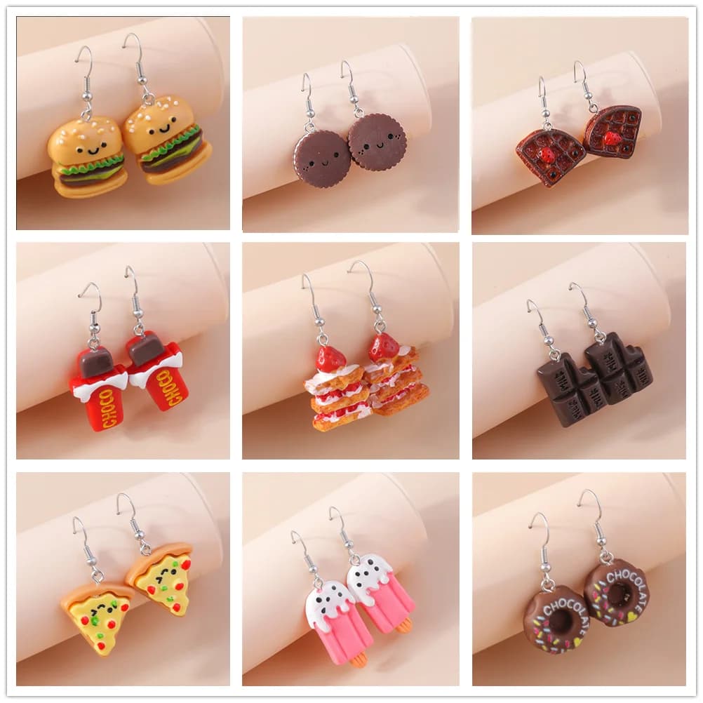 Aihua Resina Divertenti Orecchini Cibo Patatine Fritte Biscotti Gelato Pane Hot Dog Pizza Cioccolato Torta di Fragole Orecchini Regali